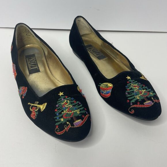 Pritzi Flats Holiday Black Velvet Embroidered Christmas Tree Women's Size 8M - Picture 1 of 10